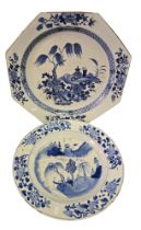 Two Chinese blue and white porcelain chargers, 18th century,comprising an octagonal charger