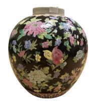 A Large Chinese Famille Noire ‘Hundred Flowers’ Porcelain Jar, of ovoid form, decorated in famille