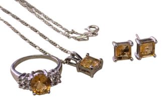 A collection of 925 silver and citrine jewellery, comprising a citrine and white stone three-stone