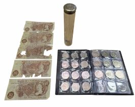British Commemorative Coin Collection, Ten Shilling Notes and Silver-Topped Glass Container,