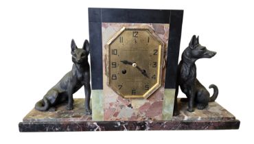 French Art Deco marble mantel clock, circa 1925/ 1930, the rectangular case in black marble, Breccia