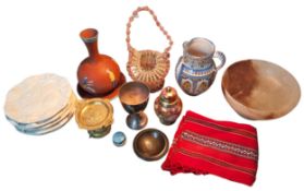 An alabaster pedestal bowl, 22.5cm diam;   a terracotta bottle vase and stand;   a set of six