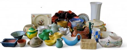 A Portmeiron egg basket, in the form of a hen;   Arthur Wood storage jar;    shaving cups;   Sylvac,