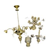 A brass five-branch, six-light candlebrum, 36.5cm high;    brass five-light ceiling light, 7cm high;