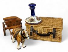 A shire horse with wooden cart, 64cm long;  a British Navy Pusser's rum Lord Nelson  ships decanter,