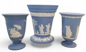 A Wedgwood Blue Jasperware  flared cylindrical cache pot, sprigged  in white with classical figures,