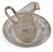 A Victorian cut glass wash jug and bowl, hobnail and strawberry cut, the bowl 39cm diam, c.1880