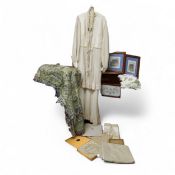 Textiles - a 1950's cream wedding gown;  two fur stoles;  an Oriental embroidered silk throw;