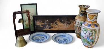 A pair of 18th century  Chinese circular dished plates, painted in blue with fence, peony and