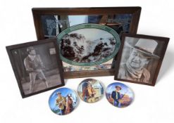 A contemporary Coors Beer barroom mirror, framed, 45 x 60cms; a pair of framed John Wayne portrait