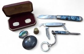 A Richards 'Lamp Post' single blade pocket knife, 'marbled' scales; another smaller; a Richards '