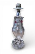 A St Louis crystal lamp, in the form of an owl, red eyes, 25cm high,  mid 20th century, PAT tested