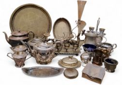 Plated Ware - an E.P.B.M. teapot, c.1890;    a butter dish, cow finial;   six cup egg stand;   an