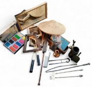 A mid 20th century Cuisenaire 'Numbers in Colour' Building Block Set, box;  fireside implements,
