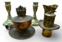 A brass ships mouth piece and whistle cover; a copper finger swivel oil lamp; a pair of brass
