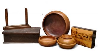 A 19th century stained pine box, inscribed Remember Old Joe, 10cm high, 29cm wide;  treen bowl, 26cm