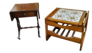 A contemporary mahogany side table, fall leaves, drawer to frieze, lyre supports, reeded splayed