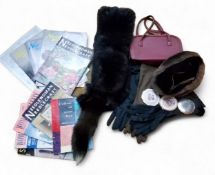 A Jacoll velvet and faux fur hat;   a vintage handbag;  a pair of long black evening gloves; a