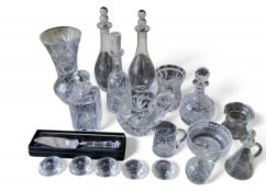 Glassware - a Waterford crystal cake server;   Edinburgh Crystal decanters;  Royal Doulton decanter;