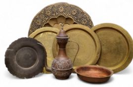 An Arabic Dallah/coffee pot, embossed with scrolls, moon and star finial, 41.5cm high;    a brass