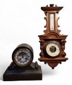 A 19th century French black slate drum head mantel timepiece, 10cm circular clock dial inscribed