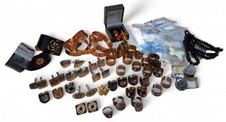 Costume jewellery - five copper bangles; three cuffs one etched with a show jumper; various