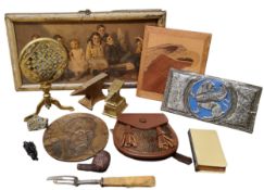 A Scottish child's leather and hair sporran, 13cm high;   a copper plaque, El Greco, 13.5cm