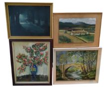 M**Christian, Summer Blossom, signed, oil on canvas, 49cm x 39cm;   M Pratt, Packhorse Bridge,