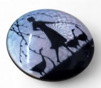 A Norwegian? silver and guilloche enamel silhouette circular brooch, depicting a scene of young girl