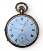 A gold plated Waltham open faced pocket watch, top winder movement, white enamel dial, Roman