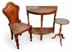 A Victorian mahogany shield back hall chair, c.1870;   an oak demi-lune table, 74cm high, 76cm wide,