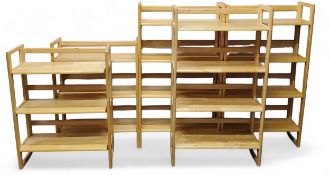 Three four tier collapsible bookshelves, 126cm high, 70cm wide, 29cm deep;  another, pair, 95cm