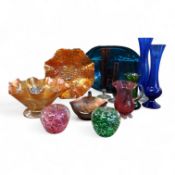 Coloured Glass Ware - a Victorian Carnival glass dish, in orange, wavy rim, 20cm diam;   another,