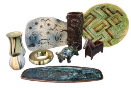 Art Pottery - a circular plate, in relief with angular lines, on a mottled green ground, 28cm