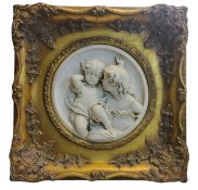 A Victorian style marble type wall plaque, of Les Deux Enfants, gilt frame, 31cm square