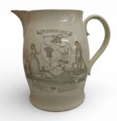 A very large early 19th century creamware Maritime/Farmers Arms jug,  c transfer printed Nelson's