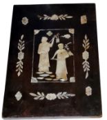 A Chinese inlaid hongmu panel,  inlaid in mother-of-pearl with musicians and foliage, 26.5cm high,