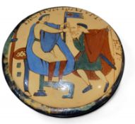 A  'Bayeux Tapestry' compressed circular pot and cover, the covers with stylised figures, 21cm diam,