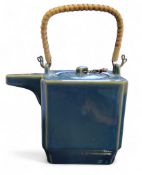A Chinese canted square teapot, in  Robin's Egg blue, wicker handle, 11cm high, seal mark