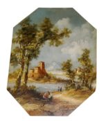 Deyer, Continental Fortress by a River, signed, oil on copper,  14cm x 18cm