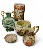 A Chinese cantonese famille verte bowl, 18cm diam, 20th century;  a Chinese cylindrical stick stand,