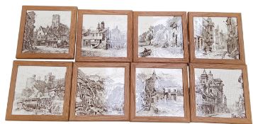A set of eight Minton China Works dust pressed tiles, sepia line printed on a pale buff ground