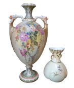 A Royal Worcester two handled pedestal ovoid two handled vase, printed and painted with roses and