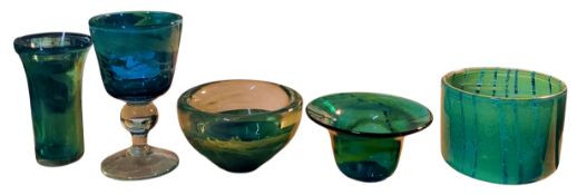 A Mdina blue glass bowl, with yellow scrolling, 13.5cmdiam, etched mark;  a similar goblet, 16.5cm