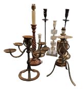 Lighting - an Architrade oak side light, spirally turned column, 45cm high;    a cast iron five