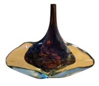 Mdina - a glass 'fish head' or 'axe head' vase, with streaky brown and amber core, 19.5cm high,