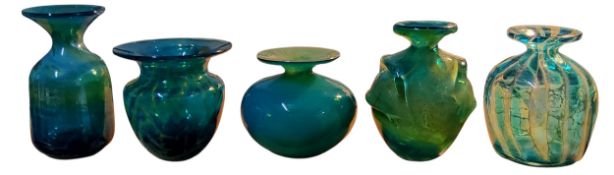 A Mdina blue glass vase, flared rim,  with yellow variegated bands, 13.5cm high, etched mark;