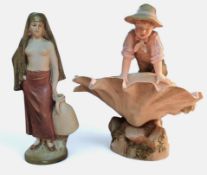 A Royal Dux figure, Water Carrier, she stands half naked, 20cm high, pink triangle mark, no.15;