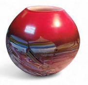 A Murano Phoenician globular vase, with vibrant swirls on a red ground, 19cm high, engraved marks