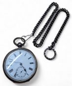 A continental silver cased JW Benson open faced pocket watch, Swiss movement, white enamel dial,